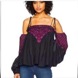free people Vacay Vibin' Embroidered Cold Shoulder Rope Tie Tassel Top Sz XS
